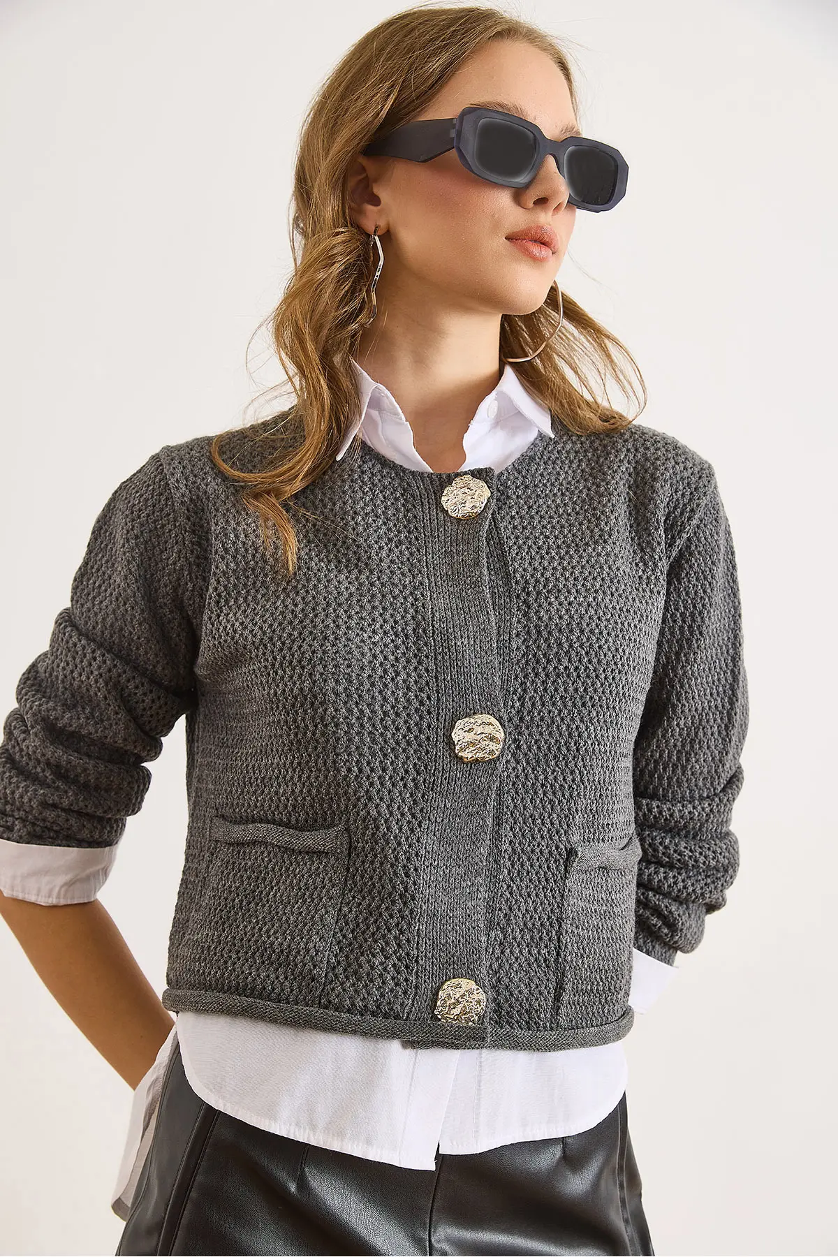 Olalook Women's Smoked Open Knit Pocket Buttoned Thick Knitwear Jacket
