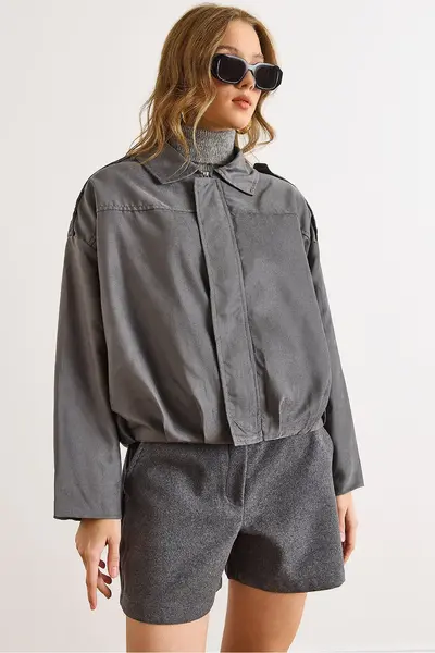 Olalook Women's Smoked Lined Skirt Pleated Oversize Suede Jacket