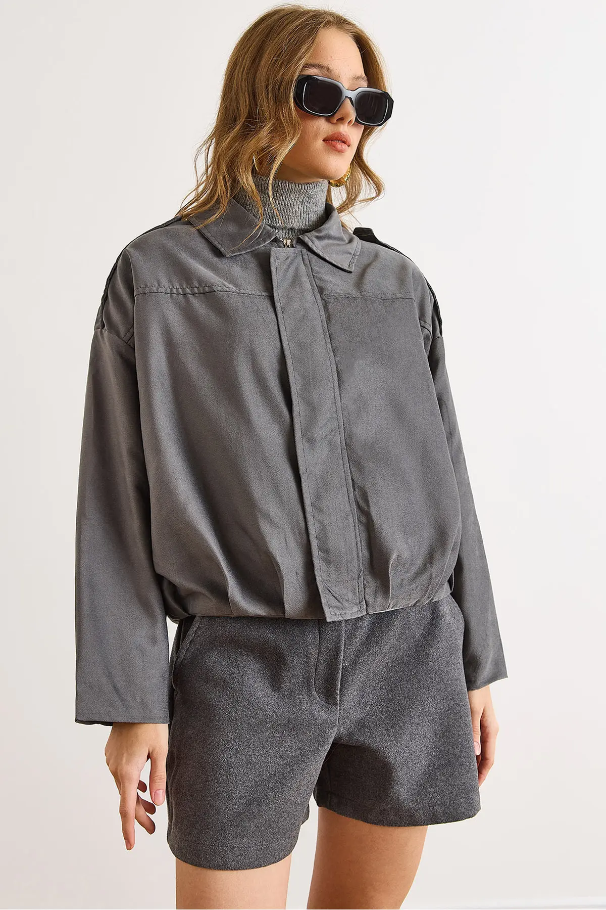 Olalook Women's Smoked Lined Skirt Pleated Oversize Suede Jacket