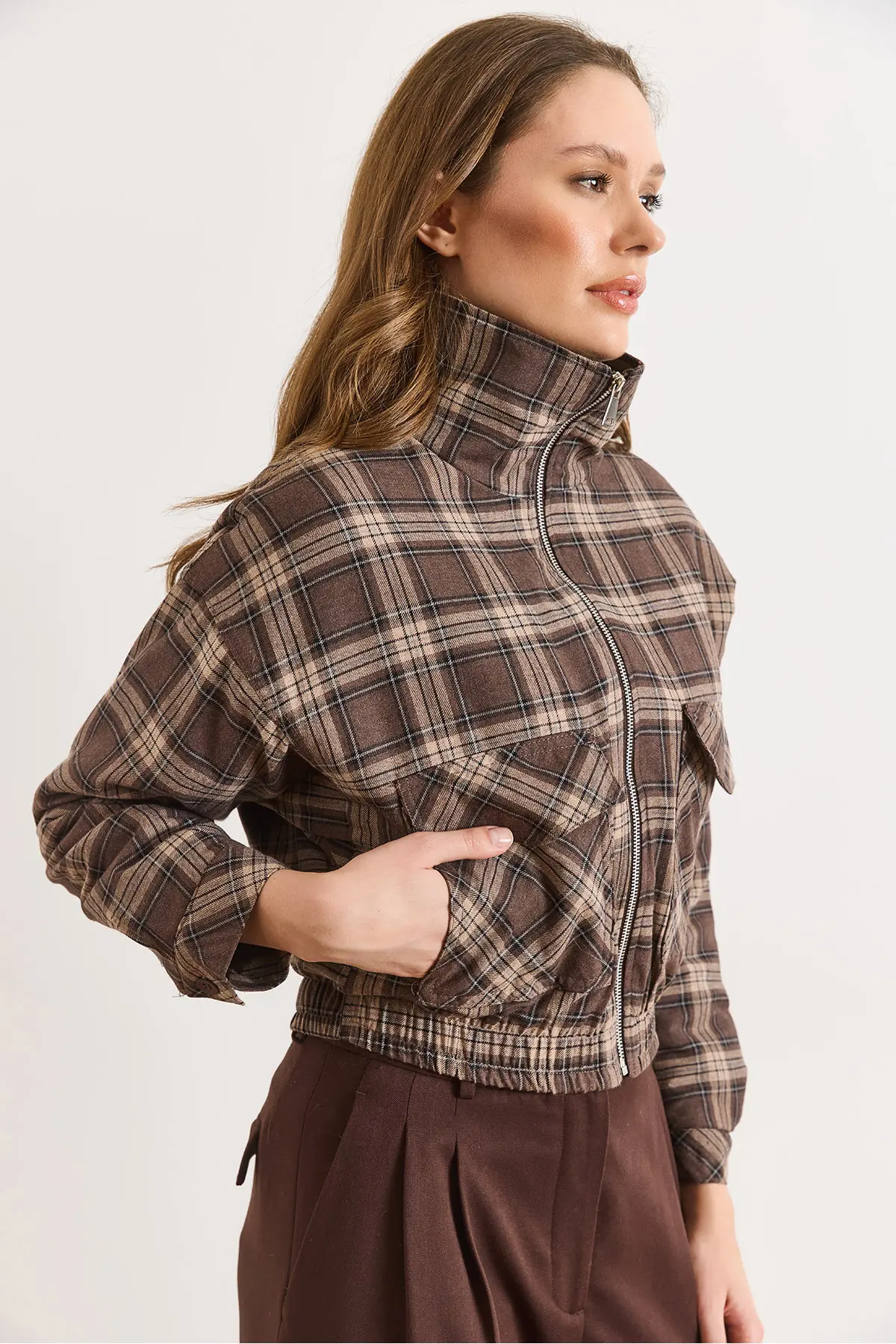 Olalook Women's Brown Lined Quilted Pocket Plaid Jacket