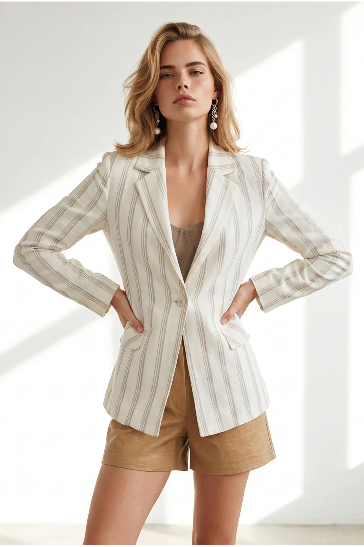Olalook Women's Ecru Striped Lined Linen Blazer Jacket