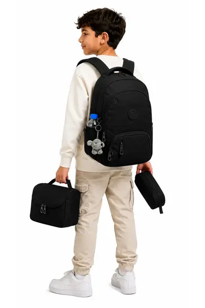 ÇantaExpress Waterproof first School Bag Set of 3 Unisex Children primary school Bag 8010 Black