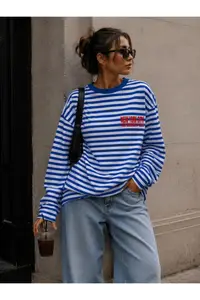 LOVES AGAZA Women's Blue Striped Oversize T-Shirt Long Sleeve Crew Neck Basic 100% Cotton