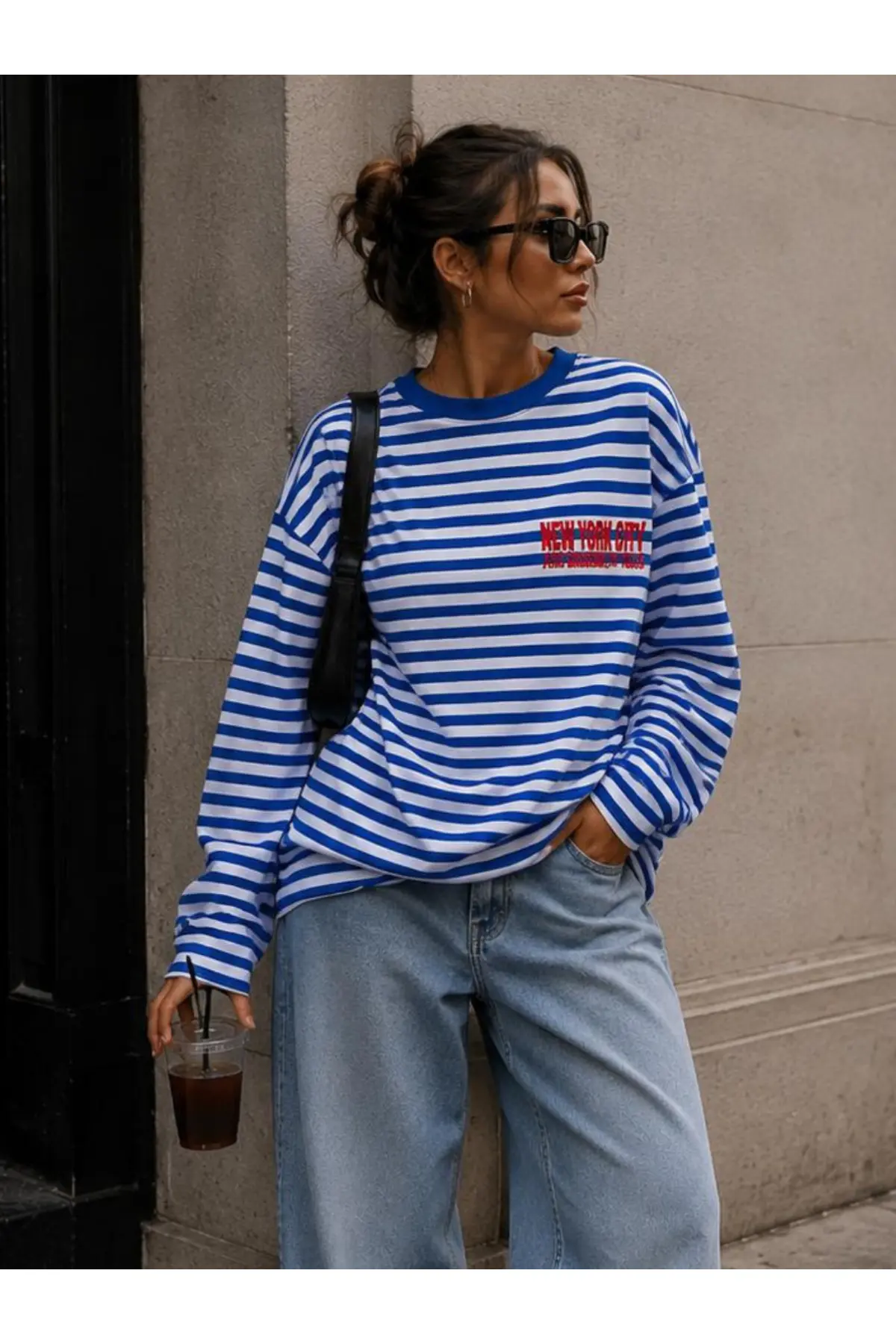 LOVES AGAZA Women's Blue Striped Oversize T-Shirt Long Sleeve Crew Neck Basic 100% Cotton