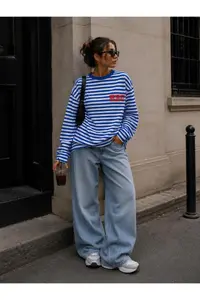 LOVES AGAZA Women's Blue Striped Oversize T-Shirt Long Sleeve Crew Neck Basic 100% Cotton - Image 2