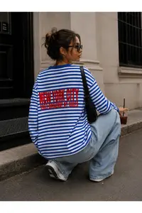 LOVES AGAZA Women's Blue Striped Oversize T-Shirt Long Sleeve Crew Neck Basic 100% Cotton - Image 3