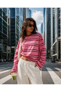 LOVES AGAZA Women's Pink Striped Oversize T-Shirt Long Sleeve Crew Neck Basic 100% Cotton - Image 2