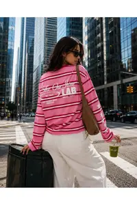 LOVES AGAZA Women's Pink Striped Oversize T-Shirt Long Sleeve Crew Neck Basic 100% Cotton - Image 3