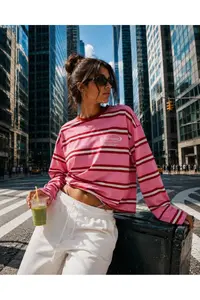 LOVES AGAZA Women's Pink Striped Oversize T-Shirt Long Sleeve Crew Neck Basic 100% Cotton - Image 4