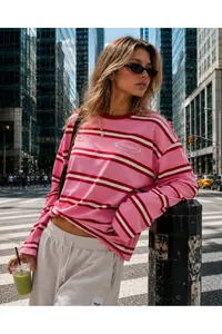 LOVES AGAZA Women's Pink Striped Oversize T-Shirt Long Sleeve Crew Neck Basic 100% Cotton - Image 5