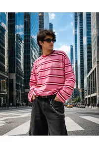 LOVES AGAZA Women's Pink Striped Oversize T-Shirt Long Sleeve Crew Neck Basic 100% Cotton - Image 6