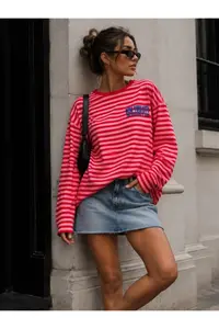 LOVES AGAZA Women's Red Striped Oversize T-Shirt Long Sleeve Crew Neck Basic 100% Cotton