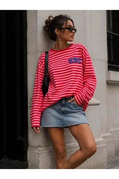 LOVES AGAZA Women's Red Striped Oversize T-Shirt Long Sleeve Crew Neck Basic 100% Cotton