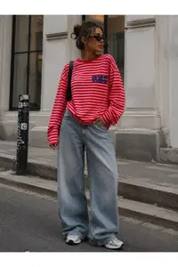 LOVES AGAZA Women's Red Striped Oversize T-Shirt Long Sleeve Crew Neck Basic 100% Cotton - Image 3