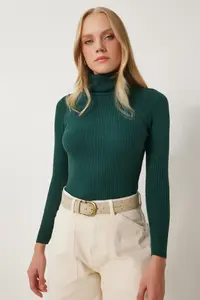 Happiness İstanbul Women's Emerald Green Turtleneck Corded Lycra Sweater - Image 2