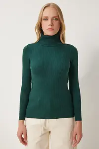 Happiness İstanbul Women's Emerald Green Turtleneck Corded Lycra Sweater - Image 4