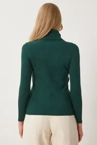 Happiness İstanbul Women's Emerald Green Turtleneck Corded Lycra Sweater - Image 5