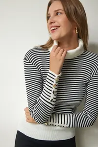 Happiness İstanbul Women's Ecru Black Turtleneck Sleeve Buttoned Knitwear Sweater