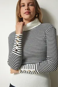Happiness İstanbul Women's Ecru Black Turtleneck Sleeve Buttoned Knitwear Sweater - Image 2