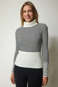 Happiness İstanbul Women's Ecru Black Turtleneck Sleeve Buttoned Knitwear Sweater - Image 3