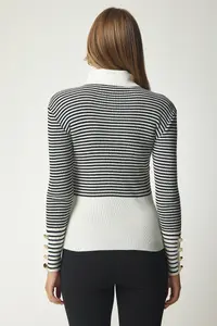 Happiness İstanbul Women's Ecru Black Turtleneck Sleeve Buttoned Knitwear Sweater - Image 5