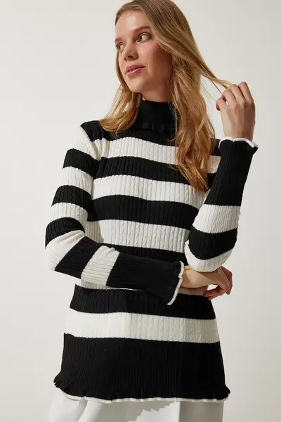 Happiness İstanbul Women's Black Ecru Turtleneck Ruffle Striped Knitwear Sweater