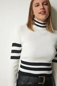 Happiness İstanbul Women's Ecru High Collar Ribbed Crop Knitwear Sweater