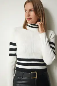 Happiness İstanbul Women's Ecru High Collar Ribbed Crop Knitwear Sweater - Image 3