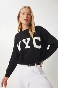Happiness İstanbul Women Black Split Detailed Knitwear Sweater - Image 2