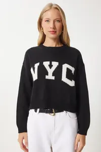 Happiness İstanbul Women Black Split Detailed Knitwear Sweater - Image 3