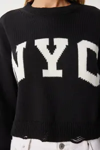 Happiness İstanbul Women Black Split Detailed Knitwear Sweater - Image 4