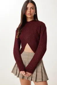 Happiness İstanbul Women's Burgundy Cross Detailed Ribbed Knitwear Sweater