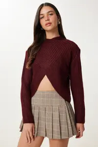 Happiness İstanbul Women's Burgundy Cross Detailed Ribbed Knitwear Sweater - Image 2