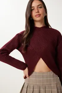 Happiness İstanbul Women's Burgundy Cross Detailed Ribbed Knitwear Sweater - Image 3