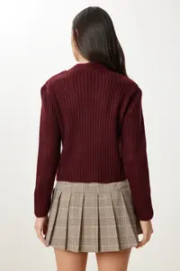 Happiness İstanbul Women's Burgundy Cross Detailed Ribbed Knitwear Sweater - Image 4