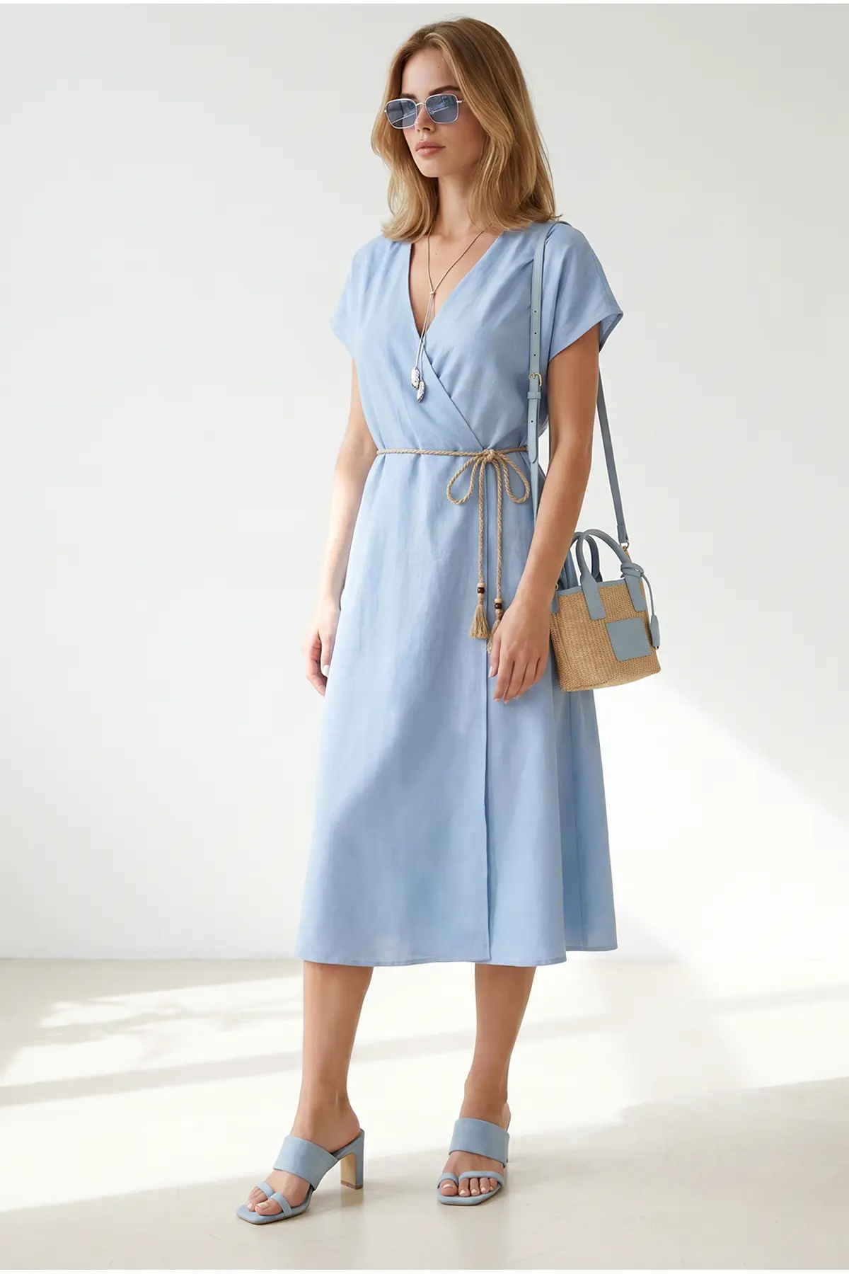 Olalook Women's Blue Straw Lace-Up Bat Waist Elastic Dress