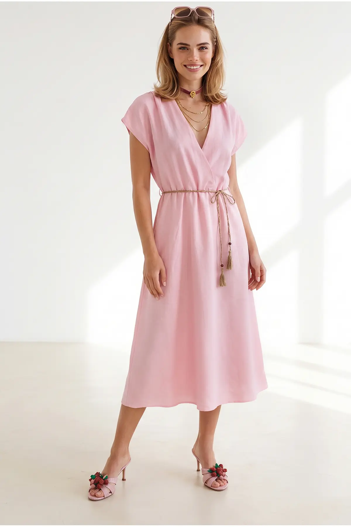 Olalook Women's Pink Straw Lace Up Bat Waist Elastic Dress