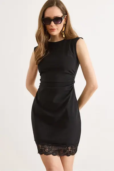 Olalook Women's Black Back Zippered Drape Lace Detailed Mini Dress