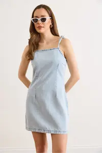 Olalook Women's Light Blue Strap Tie Detailed Back Zipper Denim Dress - Image 2