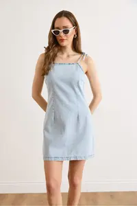 Olalook Women's Light Blue Strap Tie Detailed Back Zipper Denim Dress - Image 4