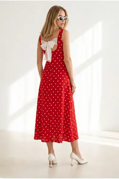Olalook Women's Red and White Back Bow Detailed Polka Dot Modal Tufted Dress