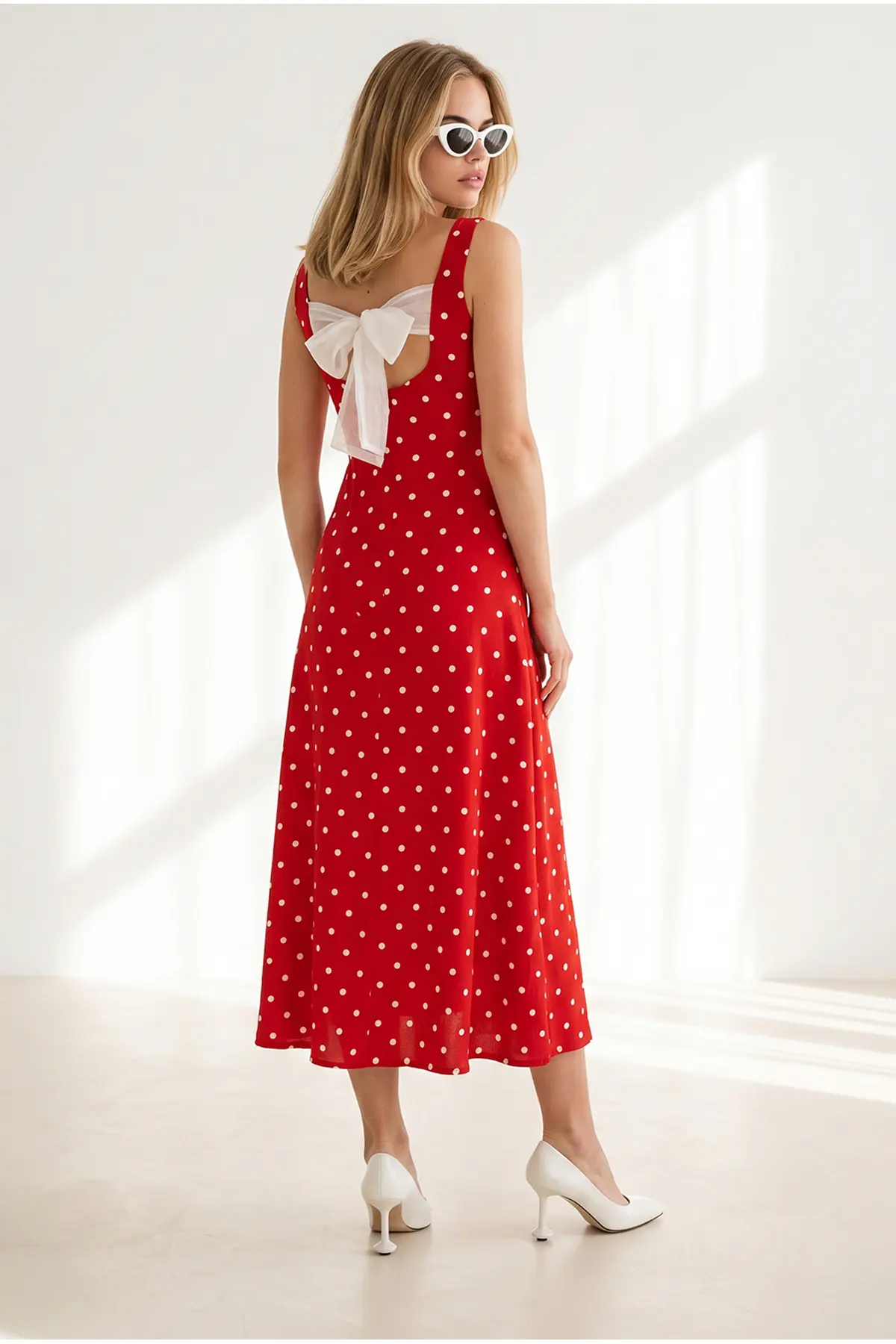 Olalook Women's Red and White Back Bow Detailed Polka Dot Modal Tufted Dress