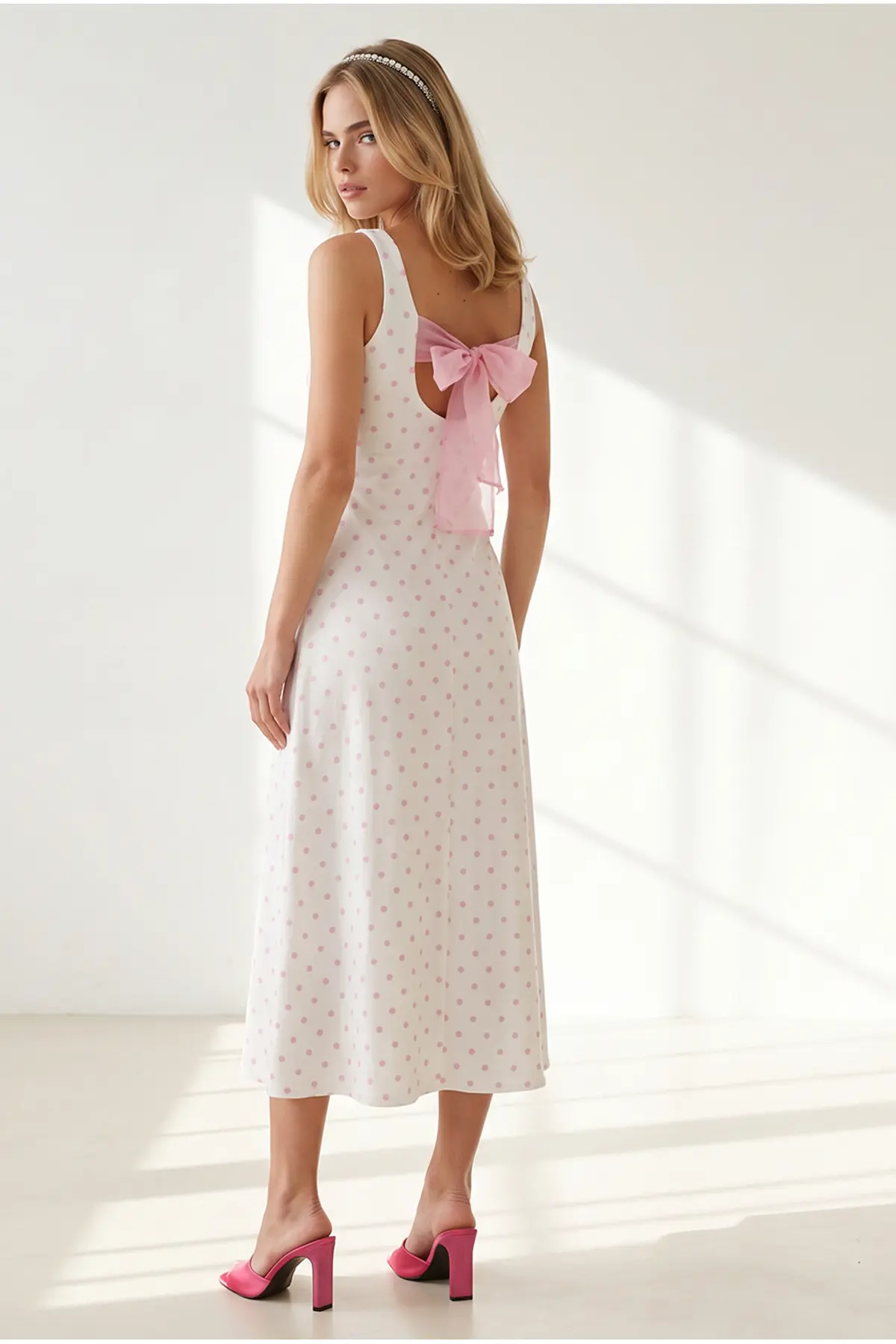 Olalook Women's White Pink Back Bow Detailed Polka Dot Modal Tufted Dress