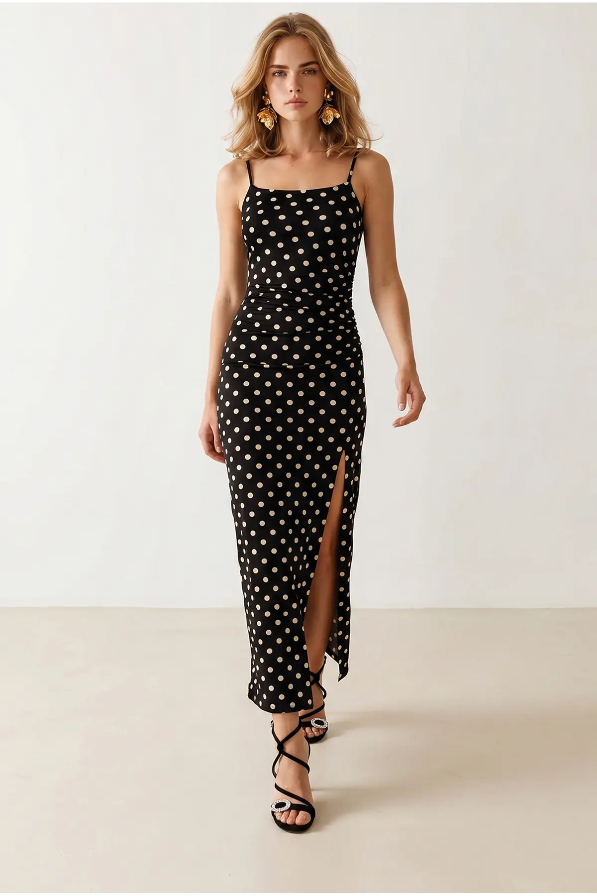 Olalook Women's Black Strap Slit Polka Dot Polyamide Dress