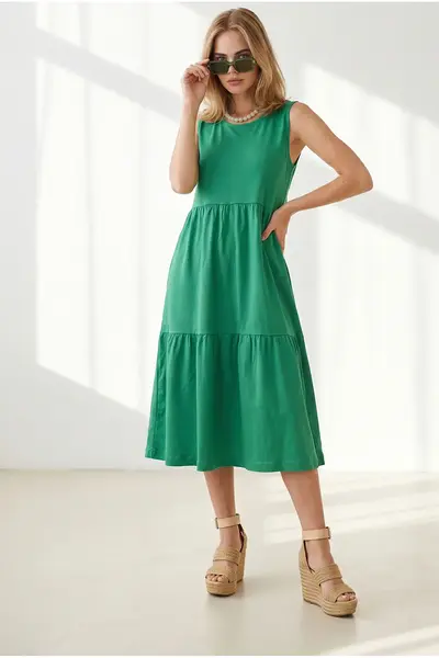 Olalook Women's Grass Green Crew Neck Piece Sleeveless Cotton Dress
