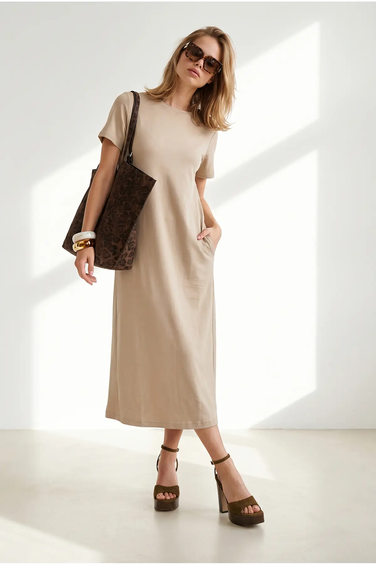 Olalook Women's Stone Crew Neck Pocketed Modal Buttoned Flowy Dress