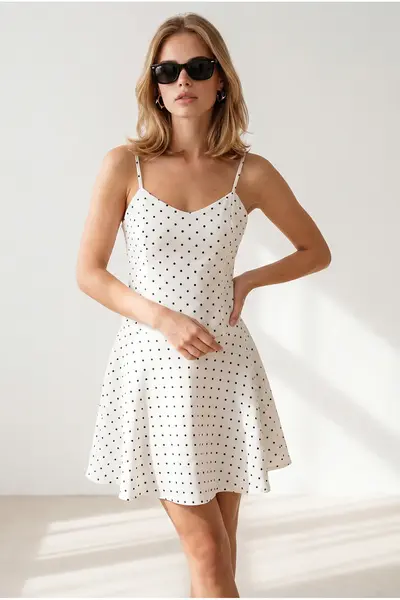 Olalook Women's White Top Lined Strappy Mini Polka Dot Dress