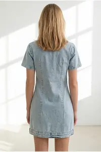 Olalook Women's Blue V-Neck Zippered Mini Denim Dress - Image 6
