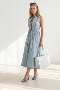 Olalook Women's Light Blue Half-Length Zippered Slit Long Denim Dress - Image 2