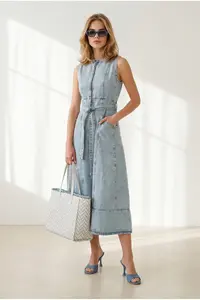 Olalook Women's Light Blue Half-Length Zippered Slit Long Denim Dress - Image 3